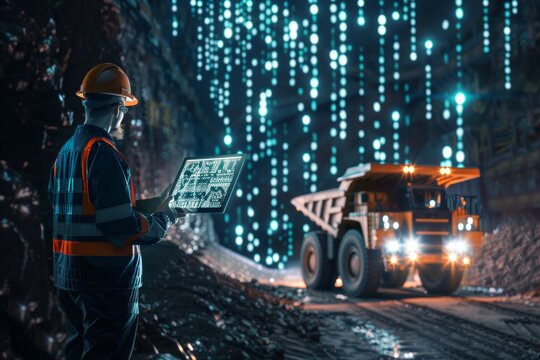 open pit man using tablet controlling dumper trucks online wireless system connection coal mine production opencast stone quarry background rear, futuristic style, binary code around