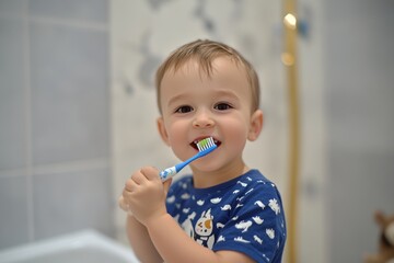 Young boy demonstrates proper teeth brushing technique with toothbrush, engaging in dental hygiene