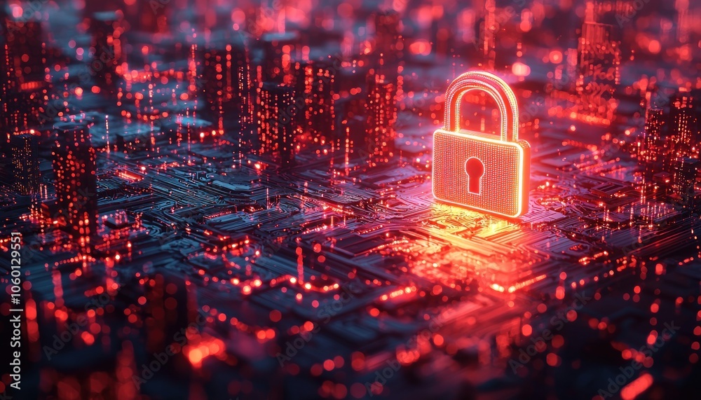 Poster glowing padlock symbol on a futuristic circuit board