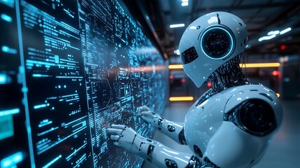 Fototapeta premium Sleek modern office with individual programming a robot amid illuminated circuits and futuristic digital displays