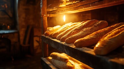 Freshly baked baguettes on a wooden shelf in a bakery, illuminated by a candle.