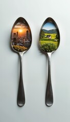 Conceptual image of spoon reflections showing urban skyline and serene countryside landscapes