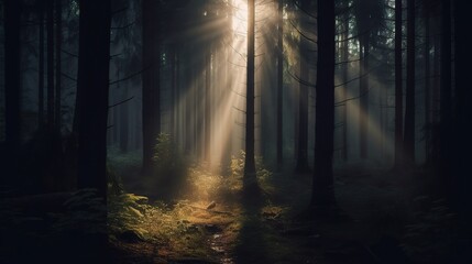 Naklejka premium Sunlight Rays Through Mysterious Dark Forest