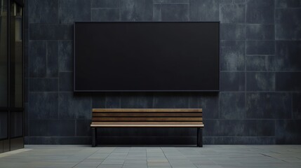 A minimalist setting with a wooden bench against a dark wall and a blank screen.