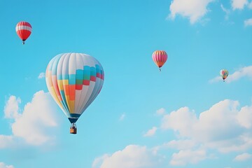 Obraz premium Colorful hot air balloons drift gracefully across a clear blue sky with fluffy clouds