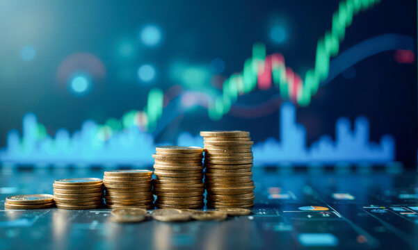 coin stacks on digital stock market chart background, financial growth concept, investment increase representation, wealth accumulation
