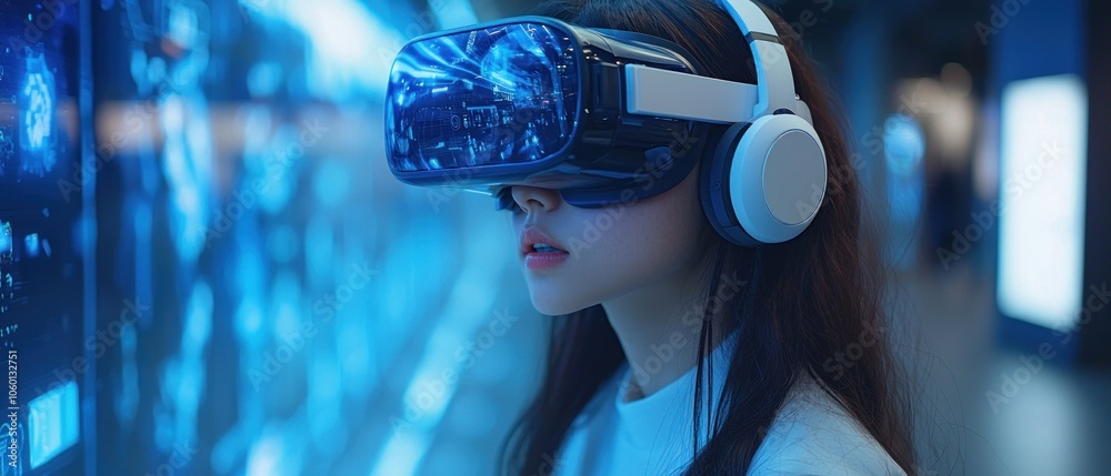 Poster a woman experiencing virtual reality with a head-mounted display