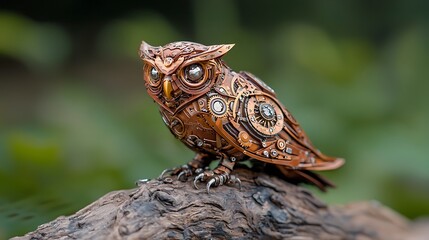 Intricate mechanical owl stands on a rustic log showcasing the fusion of nature and technology in a stunning display of artistry and craftsmanship