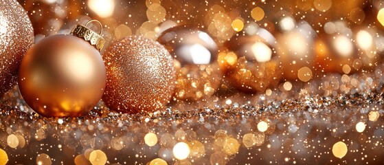 Gold Christmas Ornaments with Glitter and Bokeh Lights
