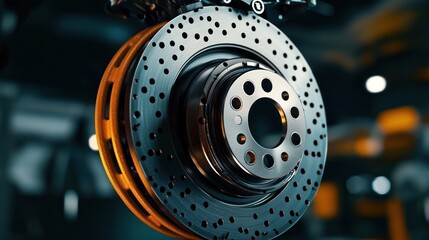 Close-up of a high-performance brake disc showcasing intricate design and engineering.