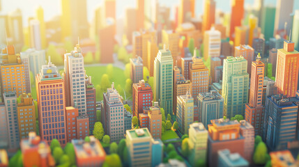 Obraz premium A vibrant cityscape illustration features tall buildings in warm sunset hues, capturing the bustling essence of an urban environment. The focus is on light and shadow play.