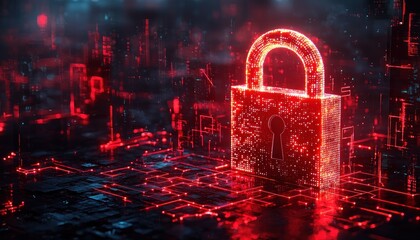 Red glowing padlock on a futuristic circuit board