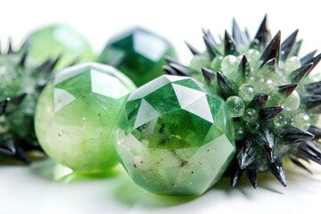 Chunk of real green prehnite spheres and dark green almost black epidote spikes on matrix macro isolated on white surface Aerial