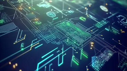 Obraz premium Abstract background with intricate circuits and glowing computer components in green light, set against a blue backdrop, symbolizing the high-tech future of AI and data processing