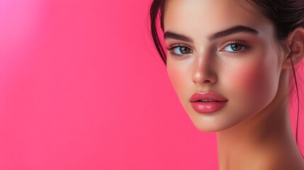 Fototapeta premium Beautiful flawless young woman posing gracefully on pink background with text copy area