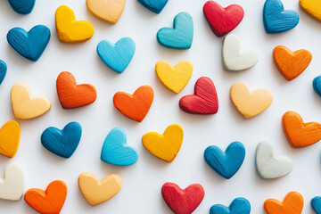 Obraz premium Close-up of multicolored heart-shaped cookies arranged in a random pattern on a white background, perfect for love and romantic themes. Bright, colorful treats with ample copy space.