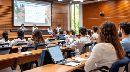 Fototapeta premium A conference room with an audience engaged in a presentation, featuring speakers at a podium and a projected slide on a screen.