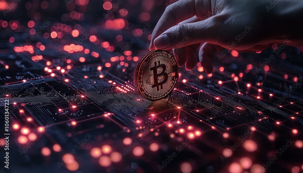 Poster Hand Holding Bitcoin on a Circuit Board with Red Lights