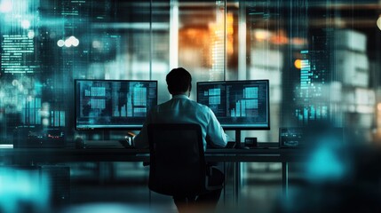 Fototapeta premium A person working on multiple computer screens in a high-tech environment.