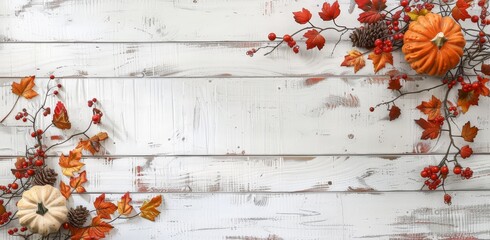 Autumnal Fall Decor on Whitewashed Wooden Plank Background