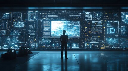Fototapeta premium Person programming a robot in a sleek high-tech office with digital screens displaying circuits and data in the background
