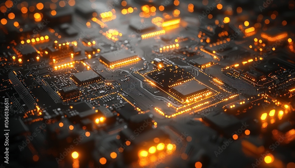 Poster close-up of a circuit board with glowing orange lights