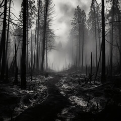 Fototapeta premium Burned forest landscape eerie black white photography charred trees desolate path haunting atmosphere aftermath nature devastation environmental impact climate change concept fine art decor,dead,empty
