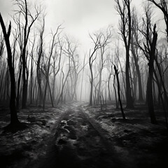 Fototapeta premium Burned forest landscape eerie black white photography charred trees desolate path haunting atmosphere aftermath nature devastation environmental impact climate change concept fine art decor,dead,empty