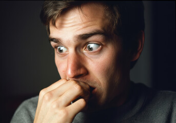 Man expressing anxiety and fear with wide eyes and hand on mouth