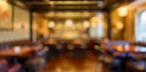 Blurred pub interior, warm lighting, cozy atmosphere, empty wooden tables and chairs, inviting space for gatherings, social events background