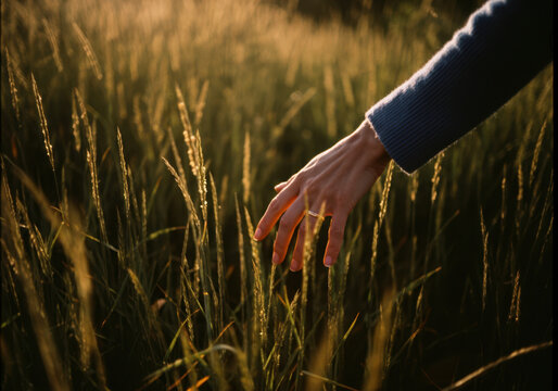 Gentle hand touching golden grass at sunset in tranquil meadow