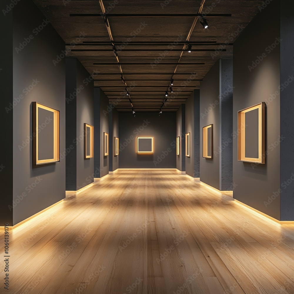 Poster empty gallery hallway with wooden floor and illuminated picture frames