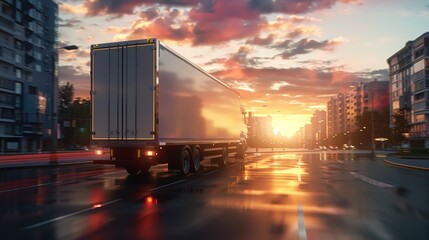 Rear angle view of delivery truck run on the road with sunrise cityscape,fast delivery,cargo logistic and freight shipping concept. 3d rendering