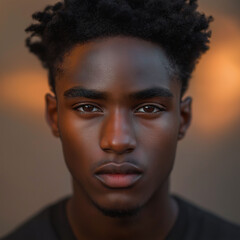Obraz premium Young African American male model with short curly hair looking at camera on dark background in studio.
