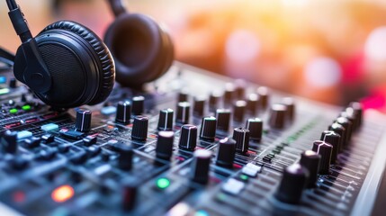 Naklejka premium Modern Mixing Desk with Headphones in Warm Studio Lighting