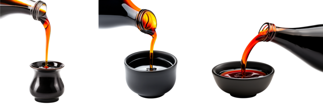Dark soy sauce poured from bottle isolated on white transparent background.