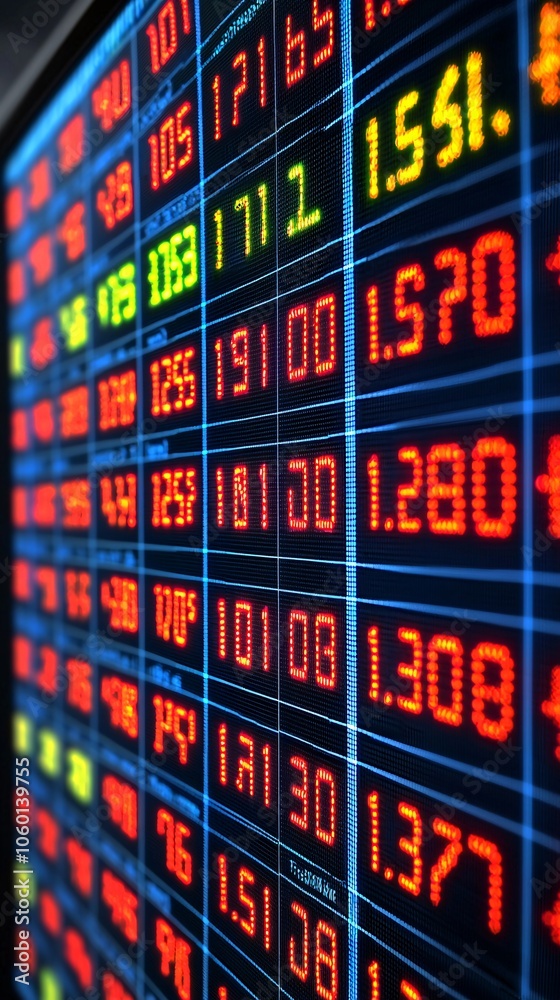 Poster a close-up view of a digital display showing stock price changes, with specific indicators on value 
