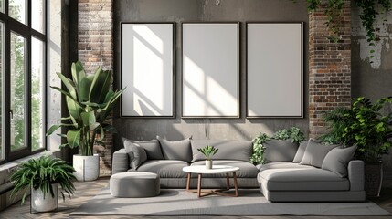 Modern style living room with design decor and mock up frames on old window.