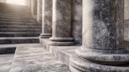 Close-up view of marble columns and stairs, showcasing architectural details and textures.