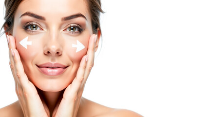 Fototapeta premium Close-up woman with glowing skin, arrow lifting her cheek, showcasing results of cosmetic treatments for wrinkle reduction and skin tightening. relaxed and smiling, healthy, radiant complexion