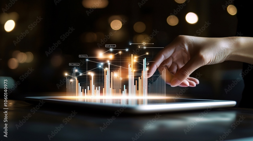 Poster a personâ€™s hand adjusting a bar graph on a tablet that shows comparisons between cost, price, and 