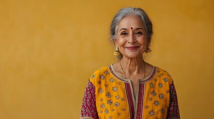 Full length portrait of a cheerful and confident senior Indian woman dressed in a vibrant traditional kurta smiling against a plain mustard colored studio background with copy space above the subject