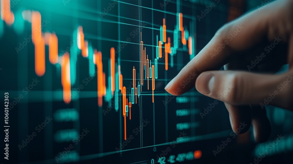 Poster a close-up of a hand pointing at a digital chart with sections focused on comparing value, price, an