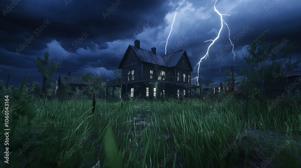Aufkleber a powerful scene of lightning striking over an open field under dark storm clouds. --ar 16:9 --perso