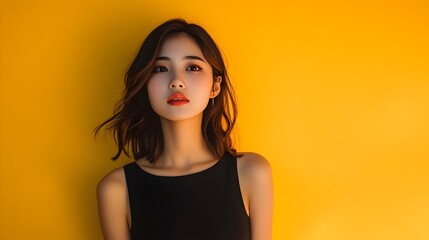 Fototapeta premium Serene and Elegant Portrait of a Young Vietnamese Woman Wearing a Minimalist Black A Line Dress Posing Against a Plain Ochre Background in a Lighting Studio Setting