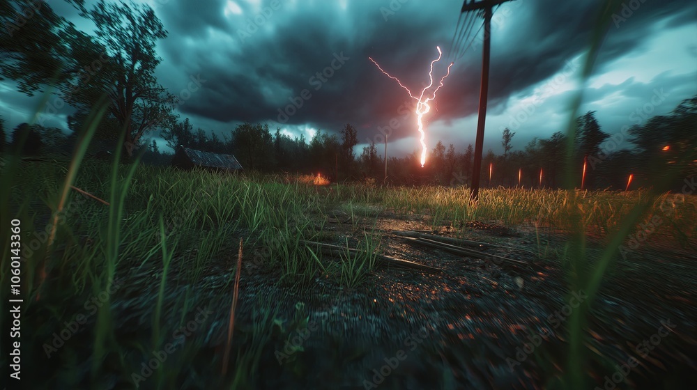 Poster a powerful scene of lightning striking over an open field under dark storm clouds. --ar 16:9 --perso
