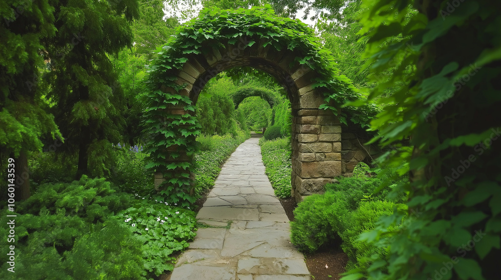 Poster a rustic stone archway covered with lush green ivy and moss in an ancient garden