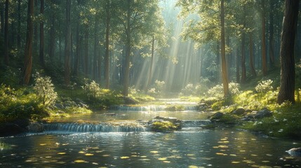 Serene forest landscape with a tranquil stream and soft sunlight.