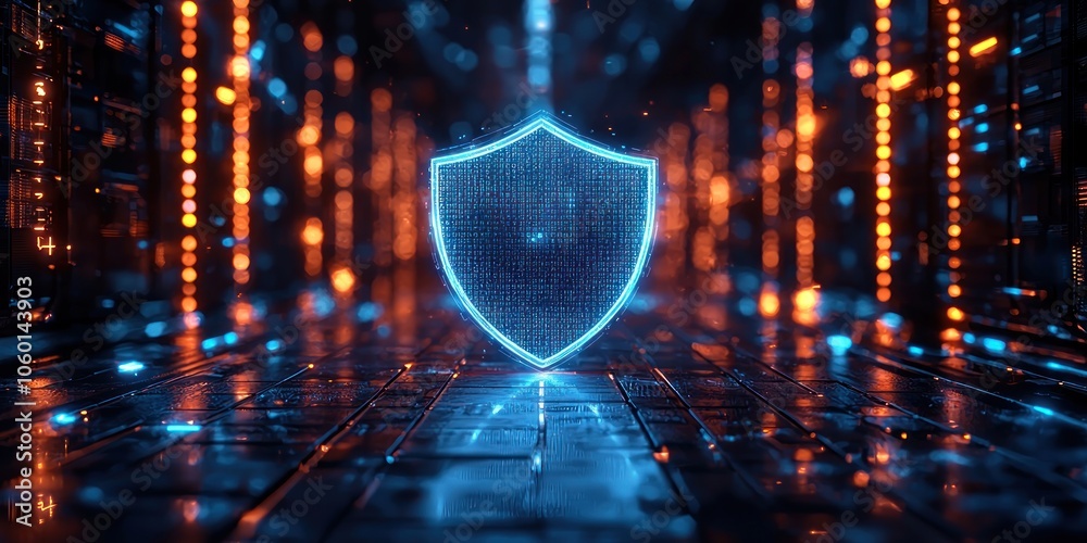 Poster a glowing blue shield of data security in a futuristic digital realm
