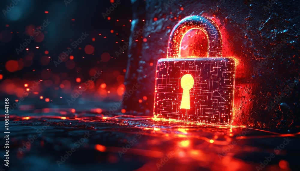 Poster Glowing Padlock with Circuitry Pattern on Dark Background